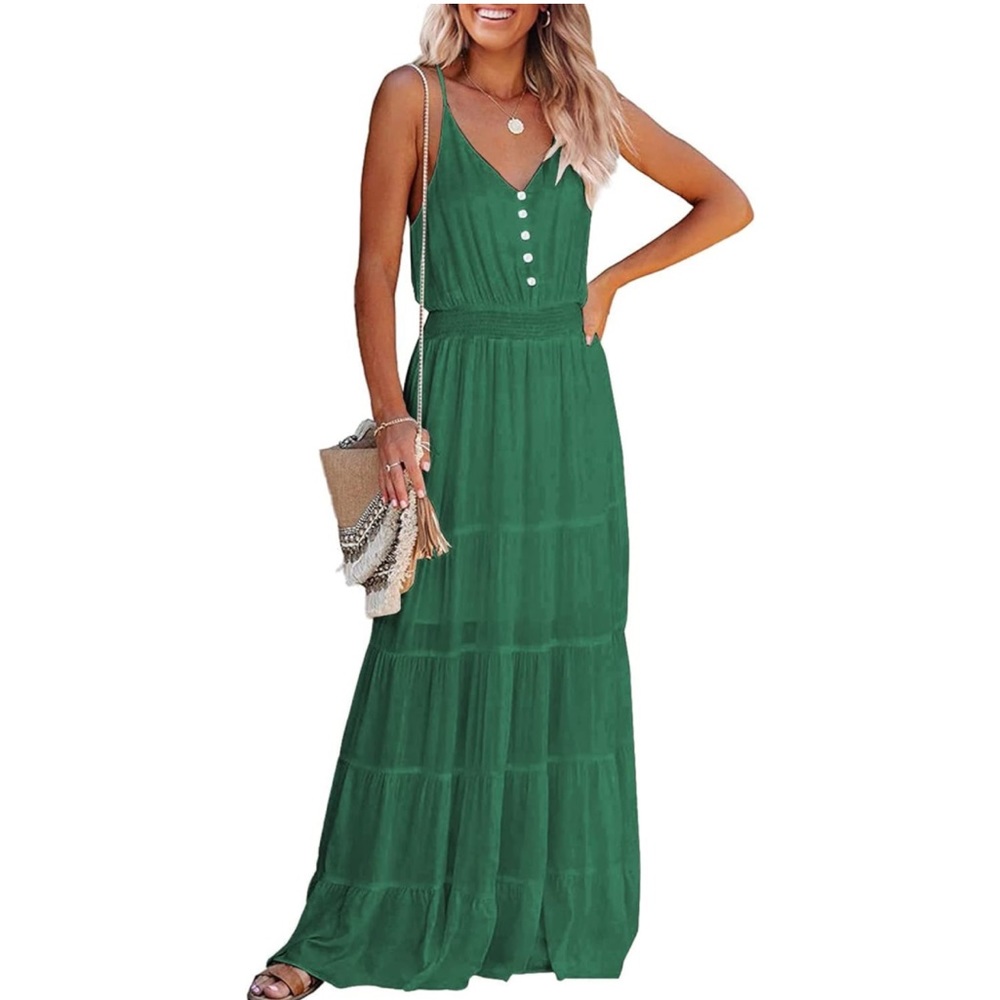 PRETTYGARDEN Women's Spaghetti Strap Maxi SunDress Green - Medium